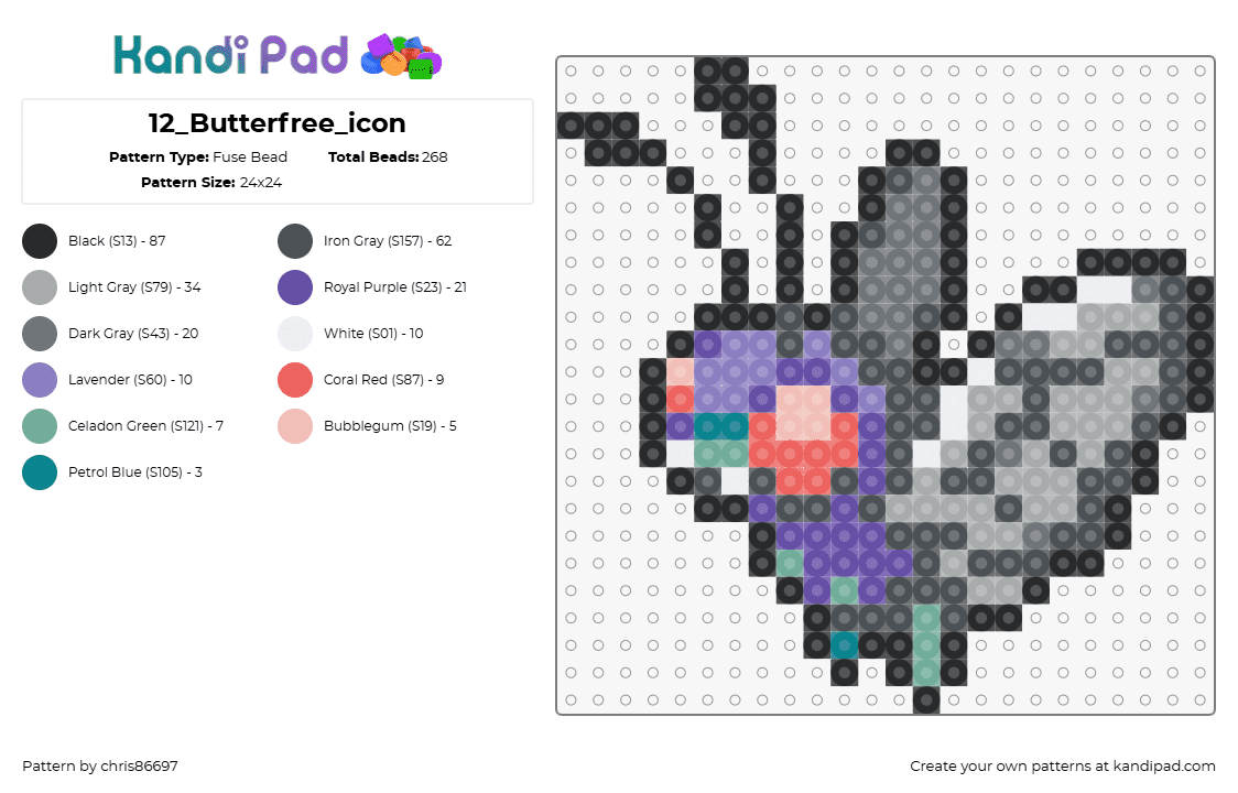 12_Butterfree_icon - Fuse Bead Pattern by chris86697 on Kandi Pad - butterfree,pokemon,evolution,metapod,gaming,character,butterfly,purple,gray