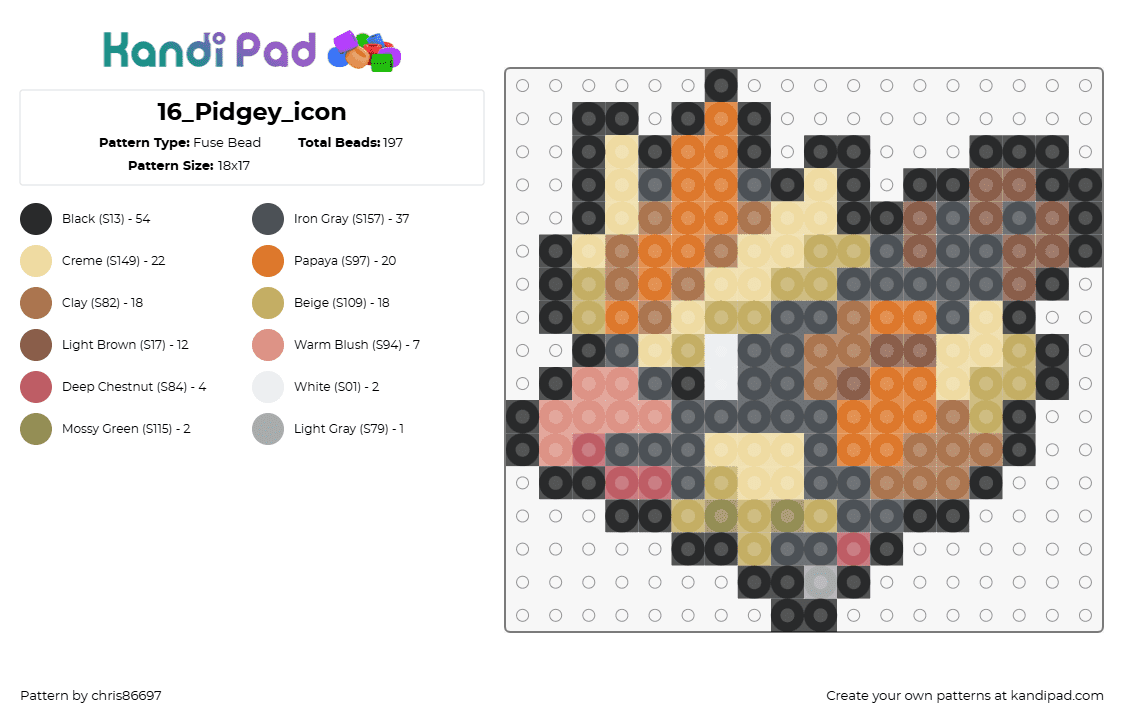 16_Pidgey_icon - Fuse Bead Pattern by chris86697 on Kandi Pad - pidgey,pokemon,character,gaming,bird,tan,orange