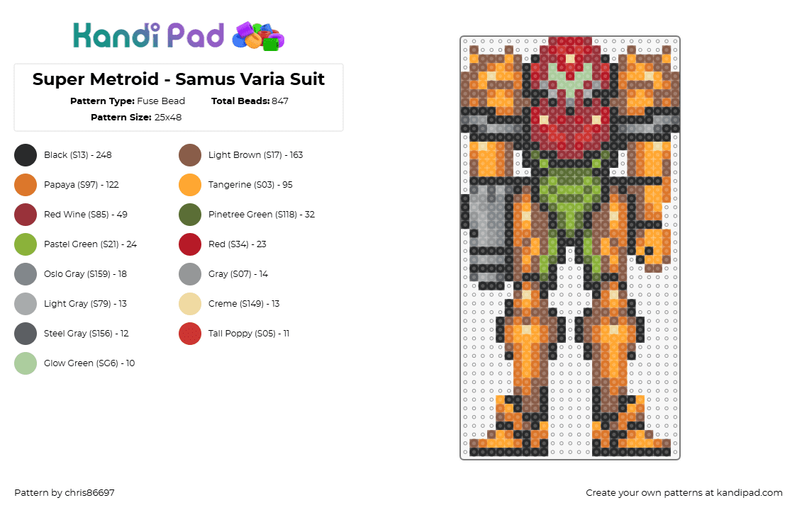 Super Metroid - Samus Varia Suit - Fuse Bead Pattern by chris86697 on Kandi Pad - metroid,samus,armor,video game,character,orange