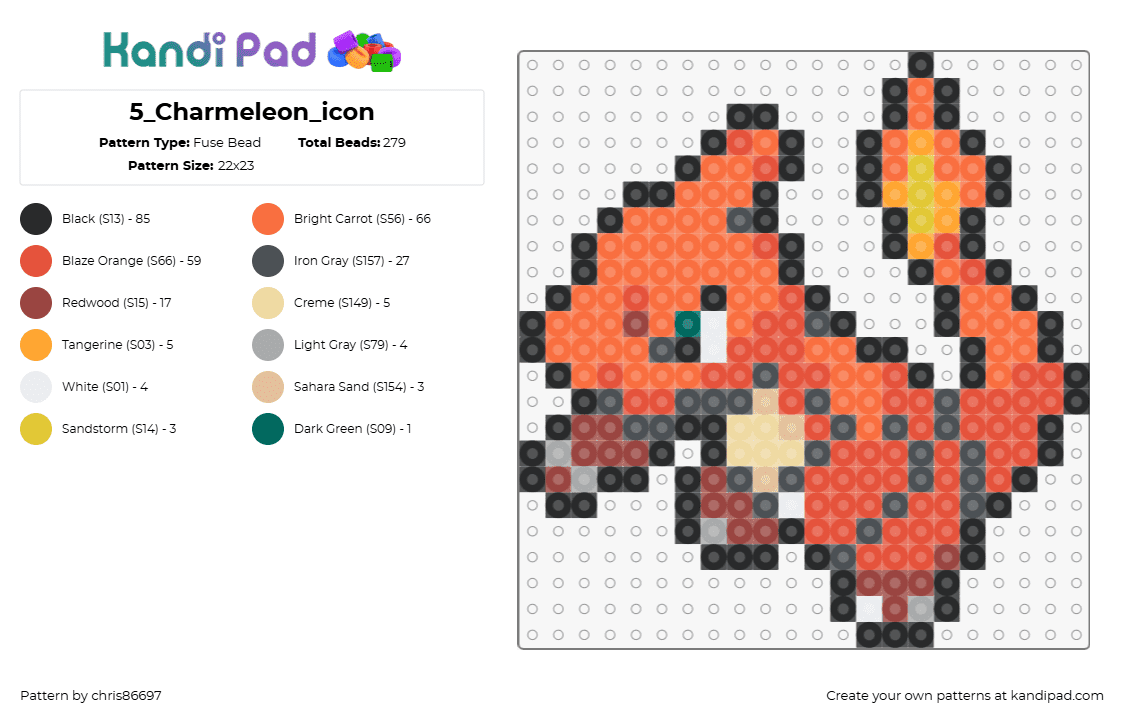 5_Charmeleon_icon - Fuse Bead Pattern by chris86697 on Kandi Pad - charmeleon,pokemon,evolution,charmander,fiery,character,gaming,orange