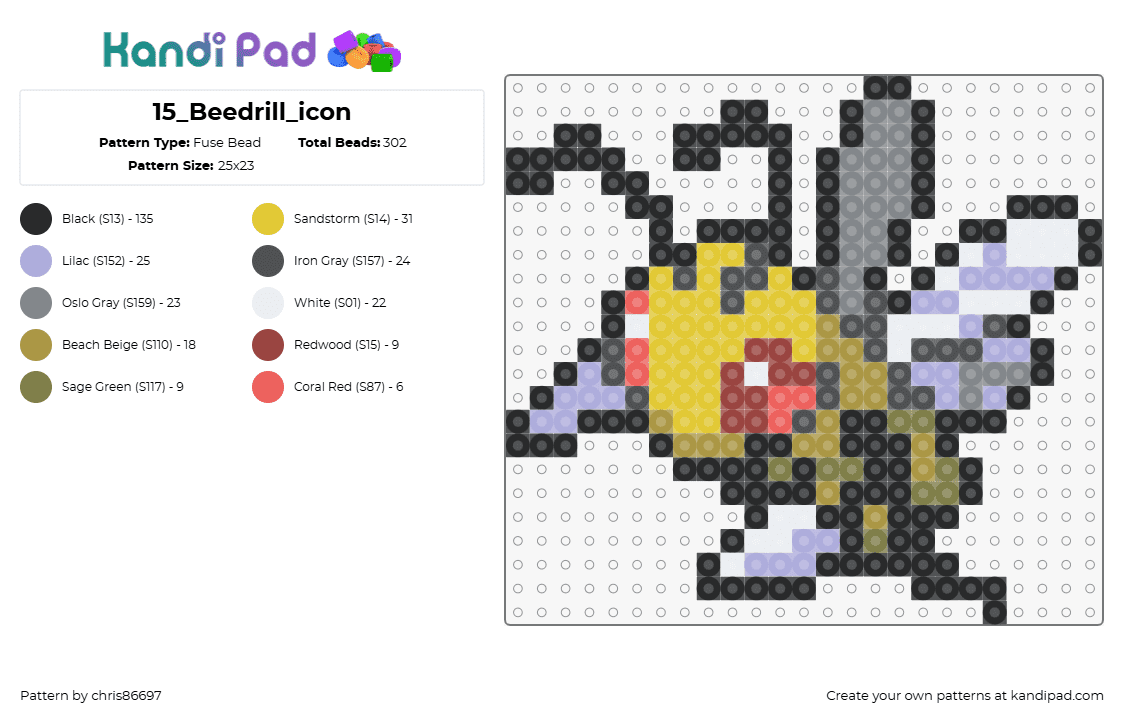 15_Beedrill_icon - Fuse Bead Pattern by chris86697 on Kandi Pad - beedrill,pokemon,evolution,weedle,gaming,character,yellow,gray