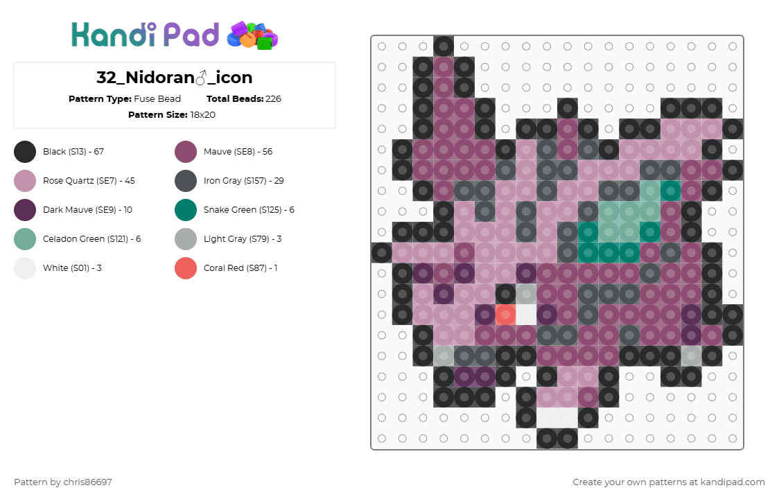 32_Nidoran♂_icon - Fuse Bead Pattern by chris86697 on Kandi Pad - purple,pink