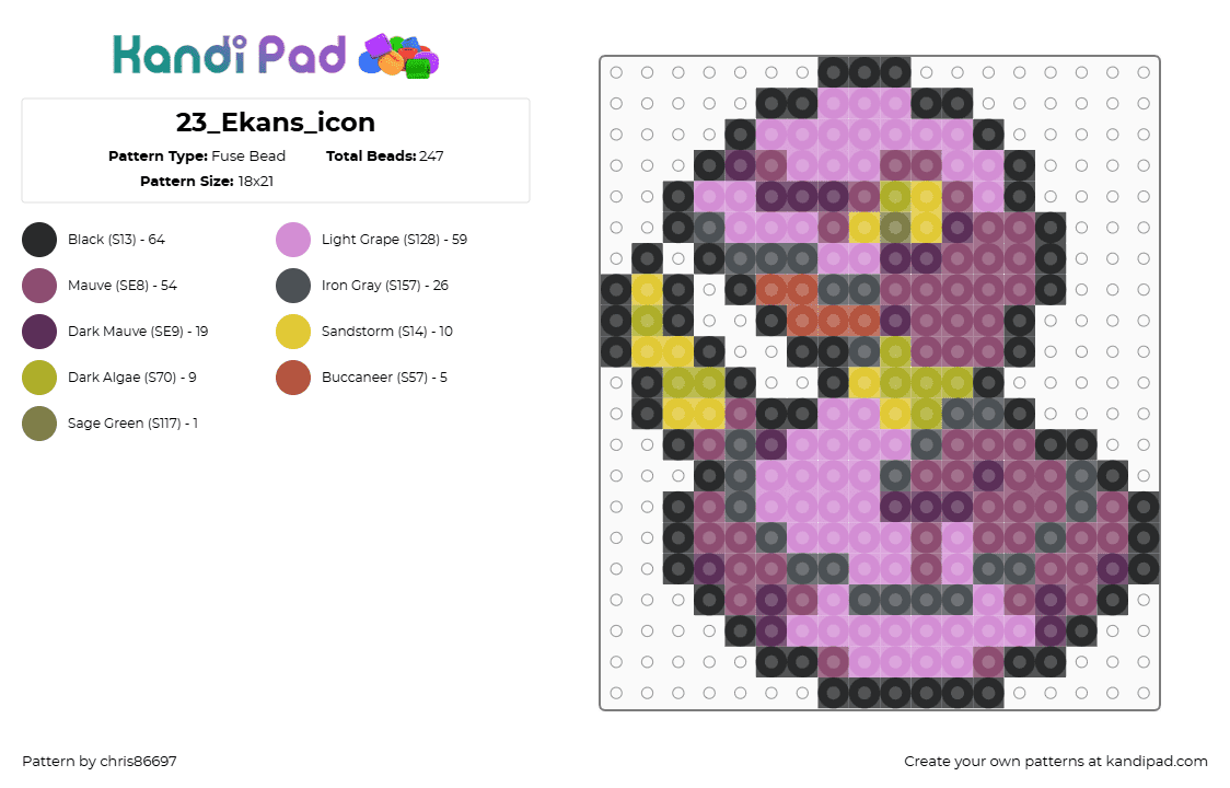 23_Ekans_icon - Fuse Bead Pattern by chris86697 on Kandi Pad - ekans,pokemon,snake,gaming,character,purple