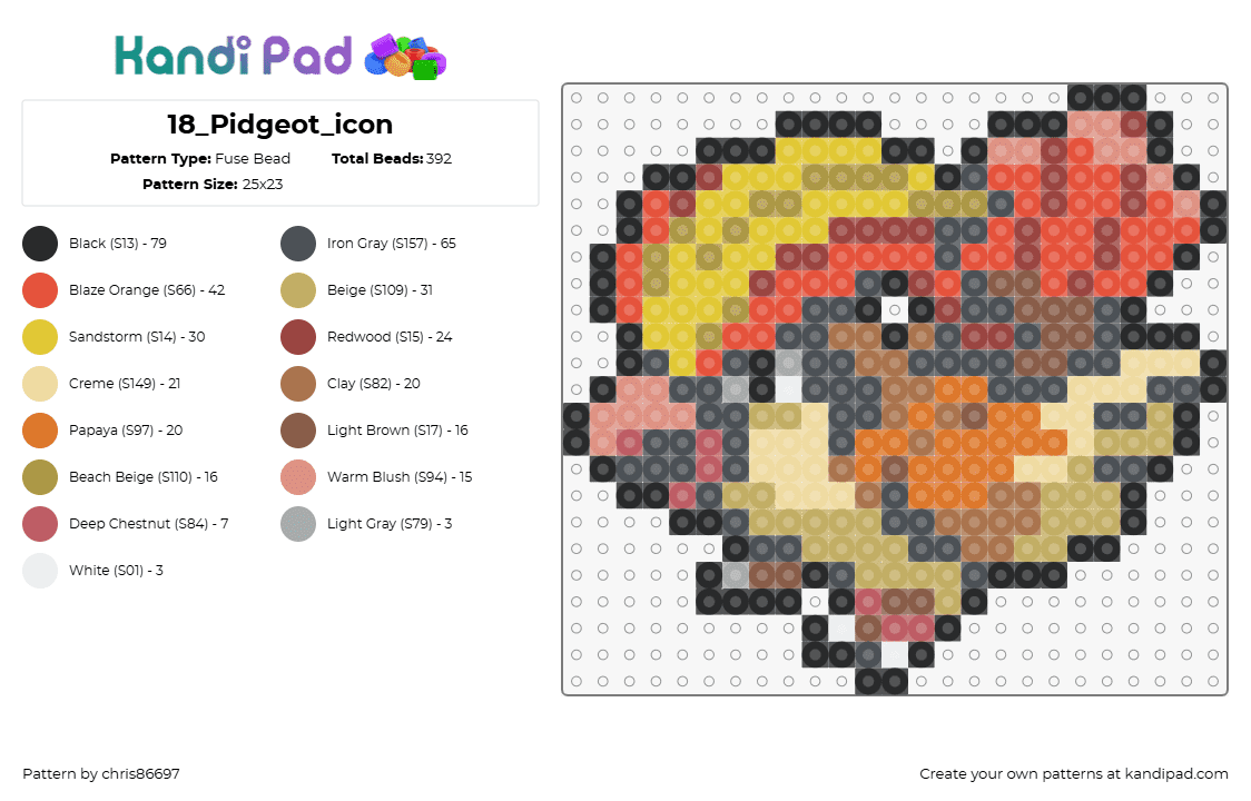 18_Pidgeot_icon - Fuse Bead Pattern by chris86697 on Kandi Pad - pidgeot,pokemon,evolution,pidgey,character,gaming,bird,tan,red