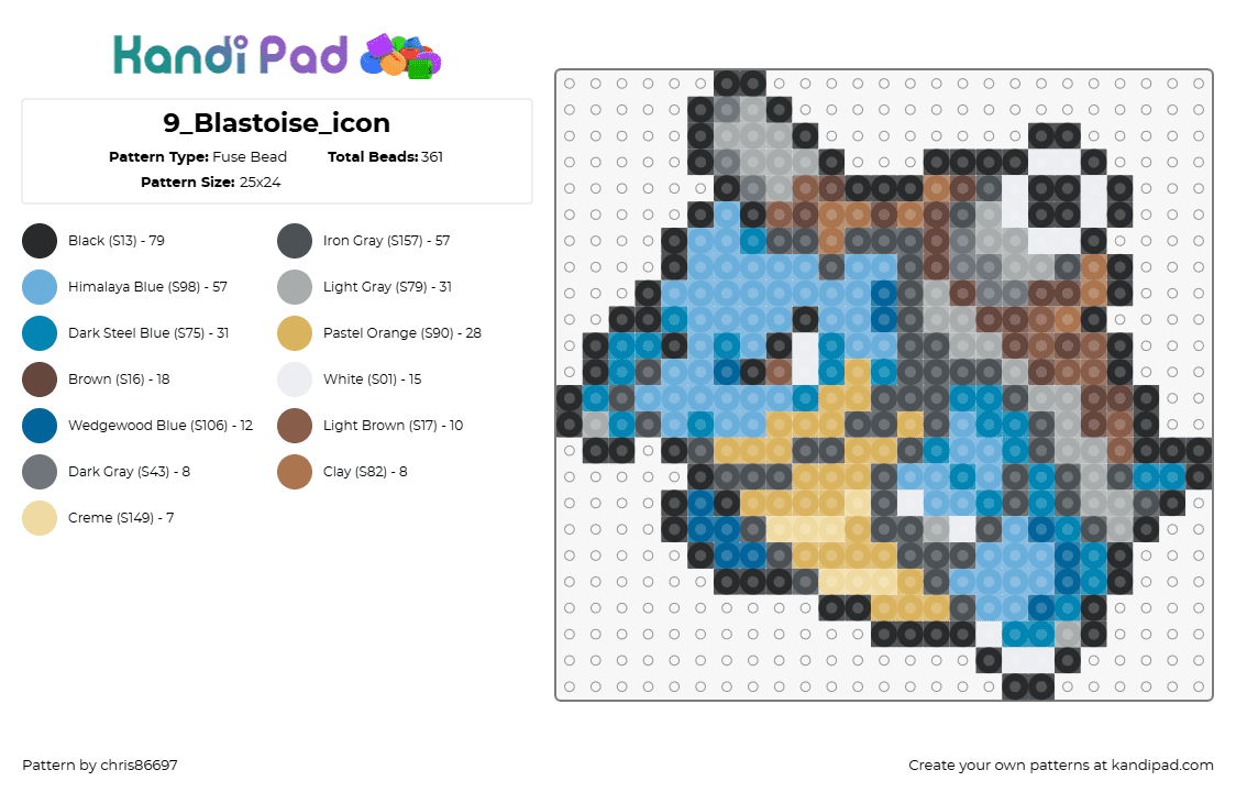 9_Blastoise_icon - Fuse Bead Pattern by chris86697 on Kandi Pad - blastoise,pokemon,evolution,squirtle,character,gaming,teal,tan