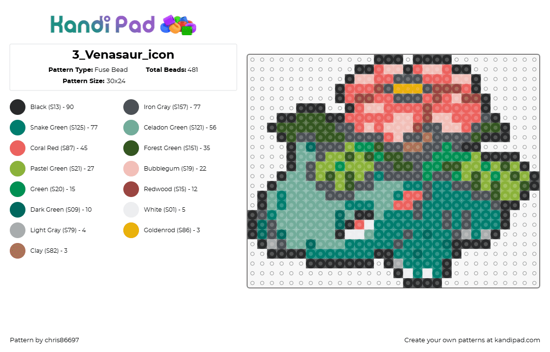 3_Venasaur_icon - Fuse Bead Pattern by chris86697 on Kandi Pad - venusaur,pokemon,evolution,character,gaming,bulbasaur,green,pink