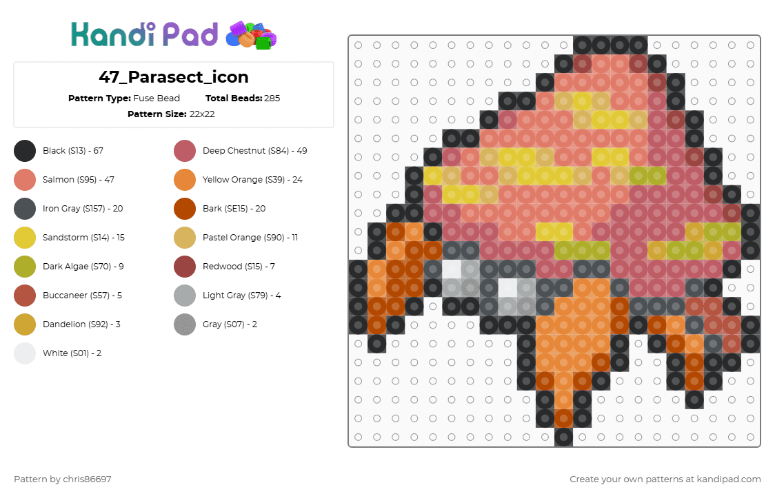 47_Parasect_icon - Fuse Bead Pattern by chris86697 on Kandi Pad - red,orange