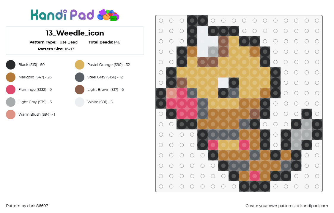 13_Weedle_icon - Fuse Bead Pattern by chris86697 on Kandi Pad - weedle,pokemon,gaming,character,caterpillar,tan