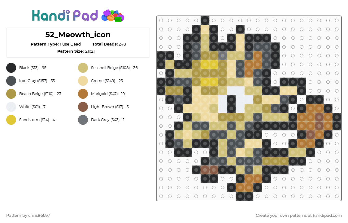 52_Meowth_icon - Fuse Bead Pattern by chris86697 on Kandi Pad - purple,tan,beige,gold