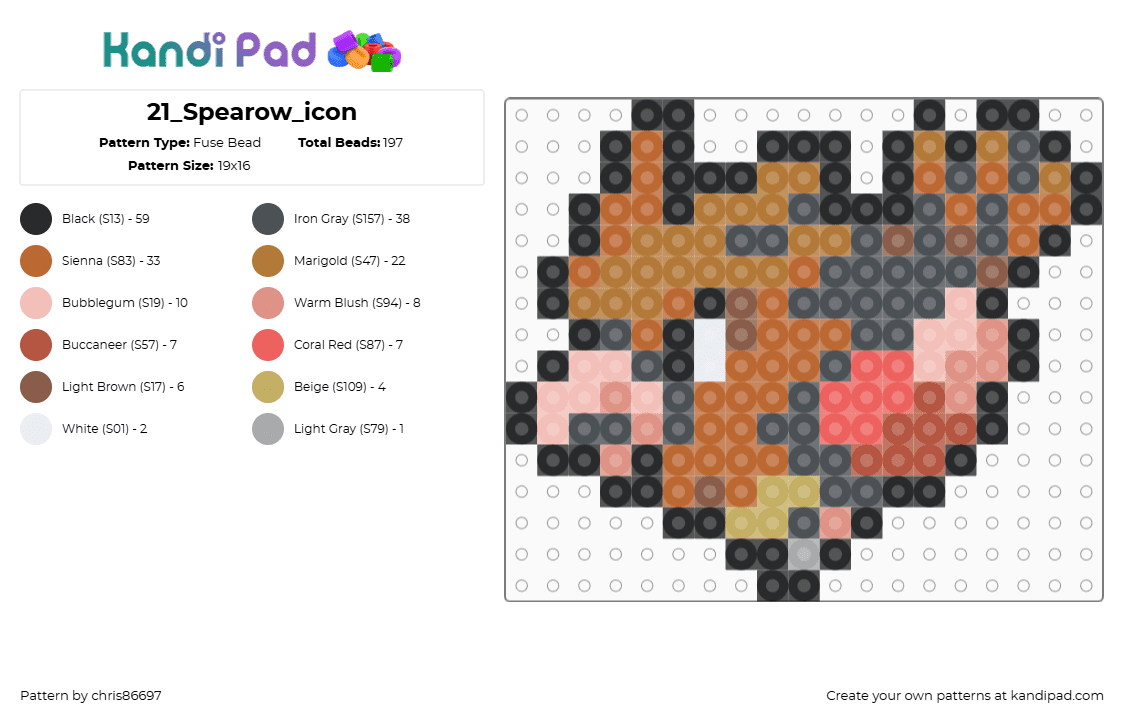 21_Spearow_icon - Fuse Bead Pattern by chris86697 on Kandi Pad - spearow,pokemon,bird,gaming,character,brown