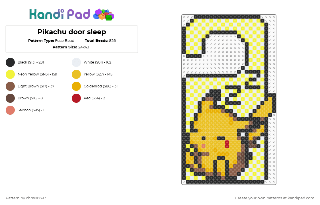 Pikachu door sleep - Fuse Bead Pattern by chris86697 on Kandi Pad - yellow