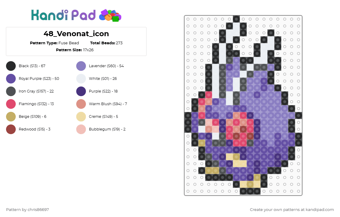 48_Venonat_icon - Fuse Bead Pattern by chris86697 on Kandi Pad - purple,pink