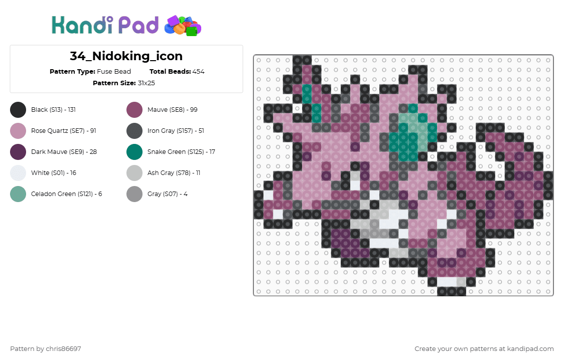 34_Nidoking_icon - Fuse Bead Pattern by chris86697 on Kandi Pad - pink