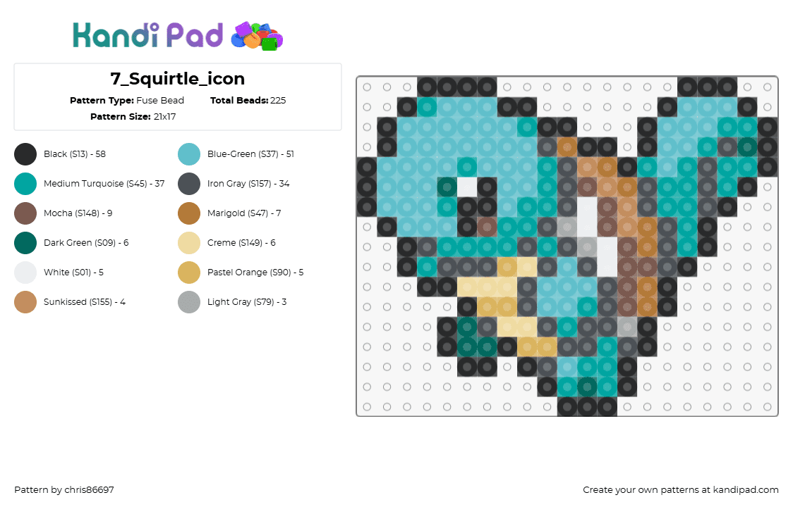 7_Squirtle_icon - Fuse Bead Pattern by chris86697 on Kandi Pad - squirtle,pokemon,starter,character,gaming,teal,tan