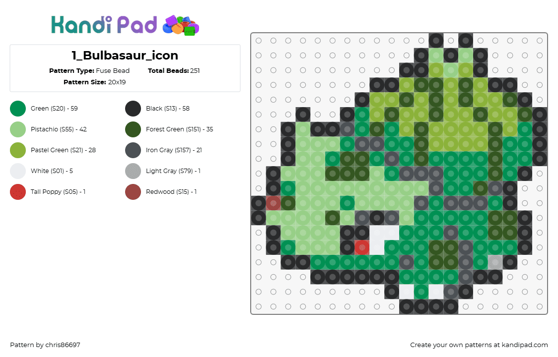 1_Bulbasaur_icon - Fuse Bead Pattern by chris86697 on Kandi Pad - bulbasaur,pokemon,character,gaming,green