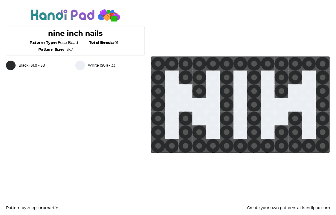 nine inch nails - Fuse Bead Pattern by zeepzorpmartin on Kandi Pad - nine inch nails,logo,sign,band,music,charm,black,white