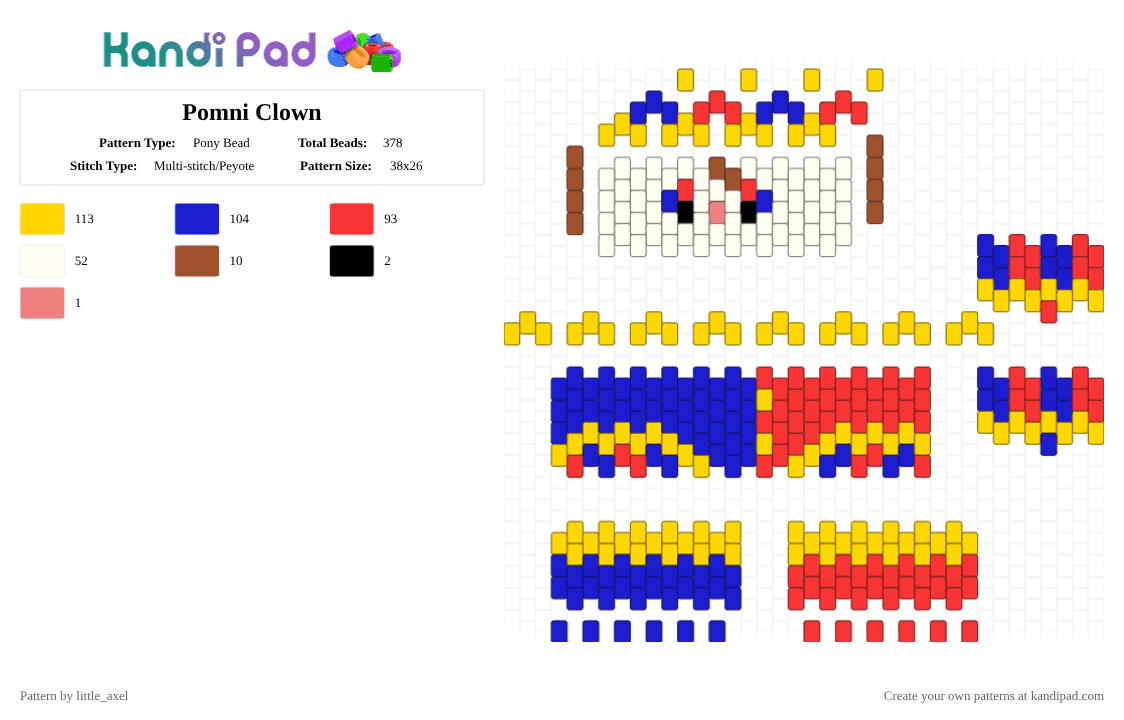 Pomni Clown - Pony Bead Pattern by d1n0_ell1ot on Kandi Pad - red,yellow,purple,clown,tadc,blue,vute,black,brown