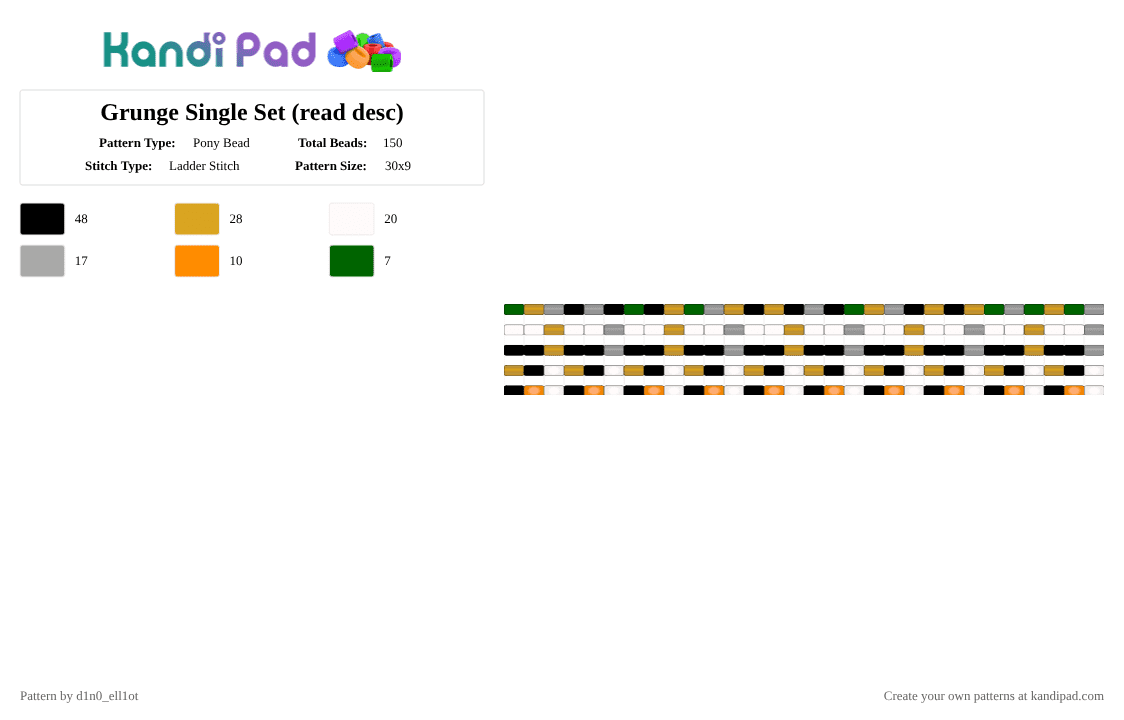 Grunge Single Set (read desc) - Pony Bead Pattern by d1n0_ell1ot on Kandi Pad - black, gold, green, grunge, orange, silver, white