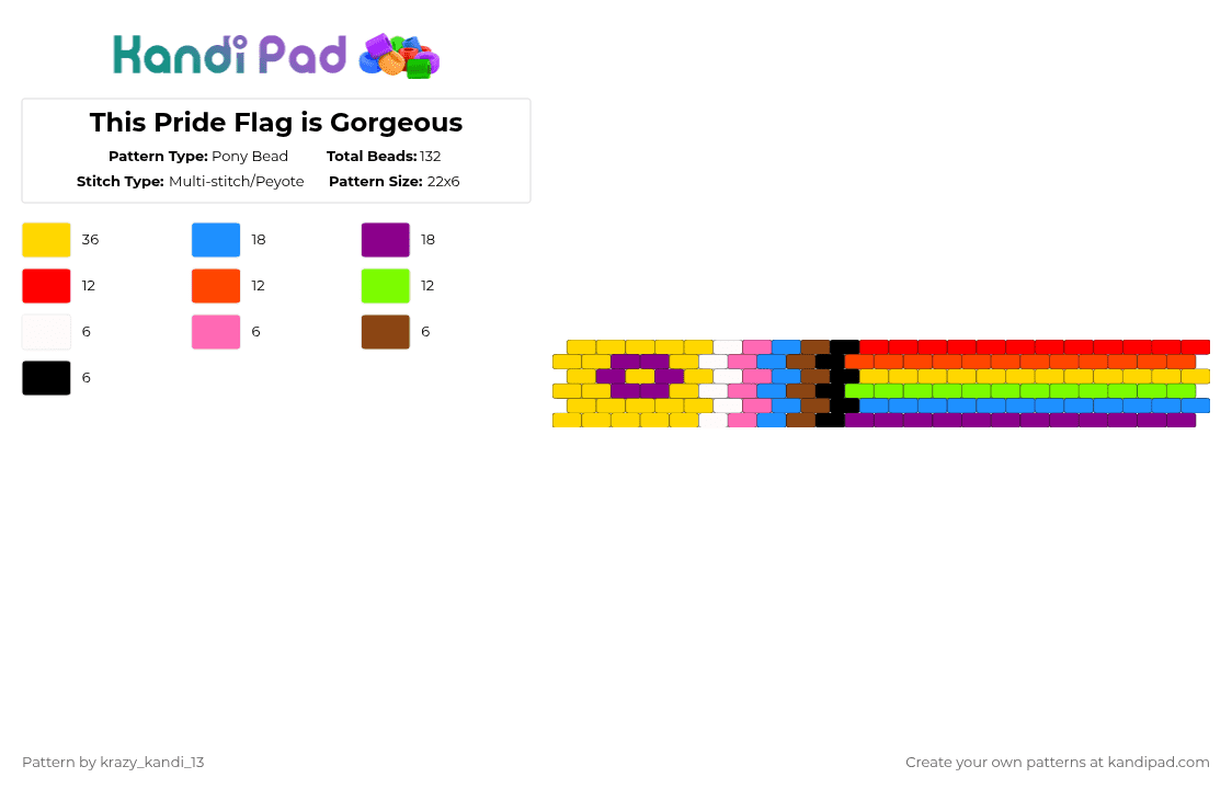 This Pride Flag is Gorgeous - Pony Bead Pattern by d1n0_ax3l on Kandi Pad - yellow,pink,red,orange,green,blue,purple,white,pride