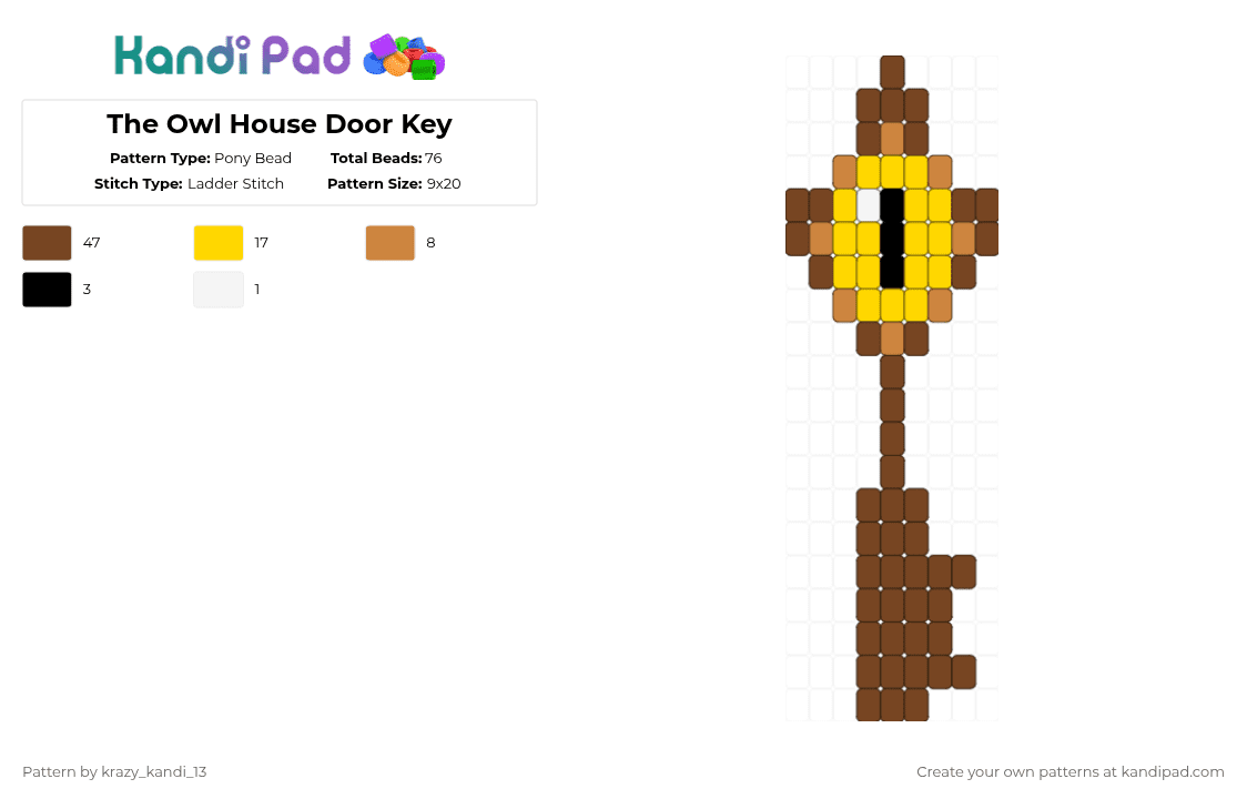 The Owl House Door Key - Pony Bead Pattern by d1n0_ax3l on Kandi Pad - brown,cotdkeys,pride,yellow,black,white,gay,cute