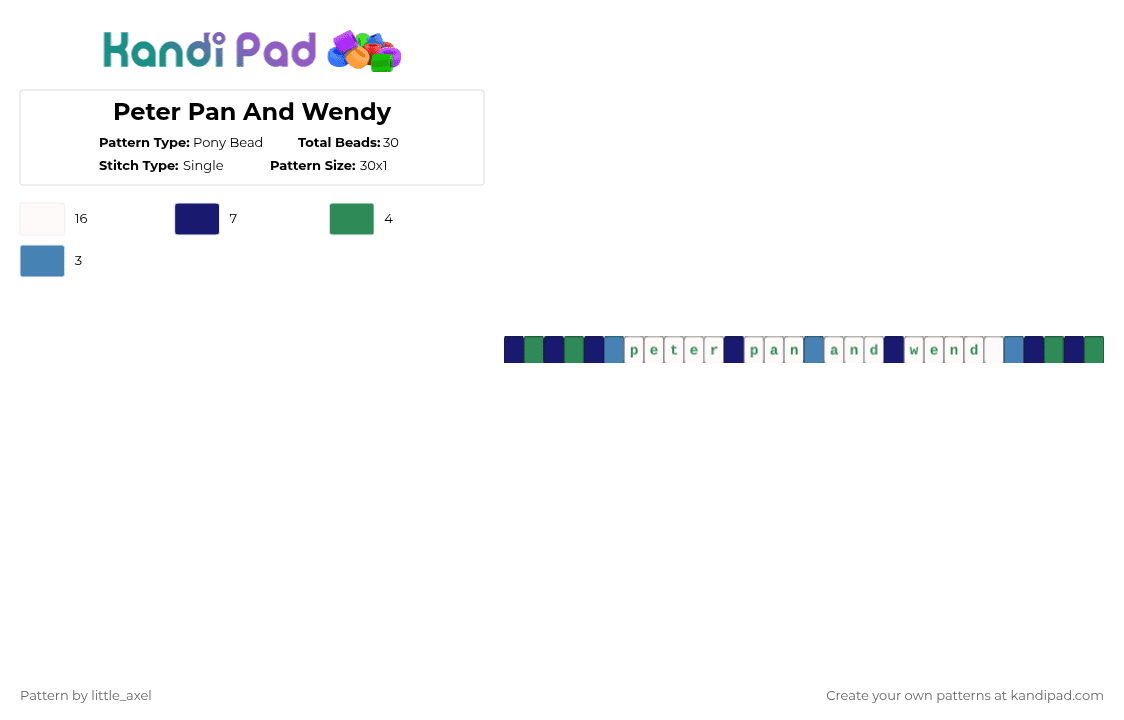 Peter Pan And Wendy - Pony Bead Pattern by d1n0_ell1ot on Kandi Pad - white,purple,peter pan,wendy,disney,character,blue,green,cute,book