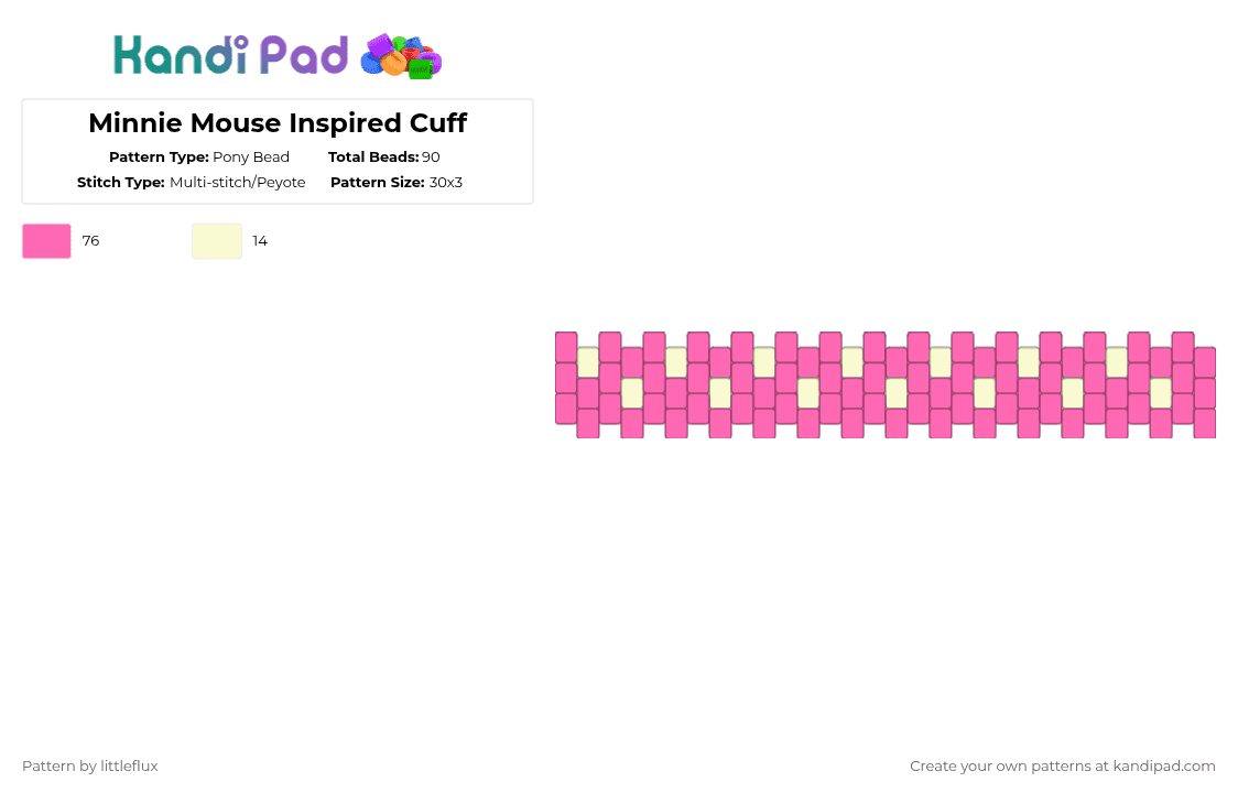 Minnie Mouse Inspired Cuff - Pony Bead Pattern by d1n0_ell1ot on Kandi Pad - mouse,cute,pink,white,cartoon,character