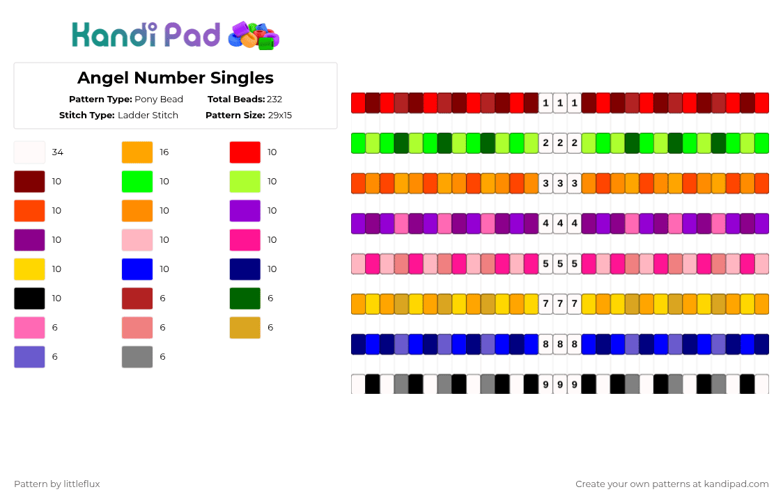 Angel Number Singles - Pony Bead Pattern by d1n0_ax3l on Kandi Pad - green,purple,colorful,angel,red,orange,yellow,blue,pink