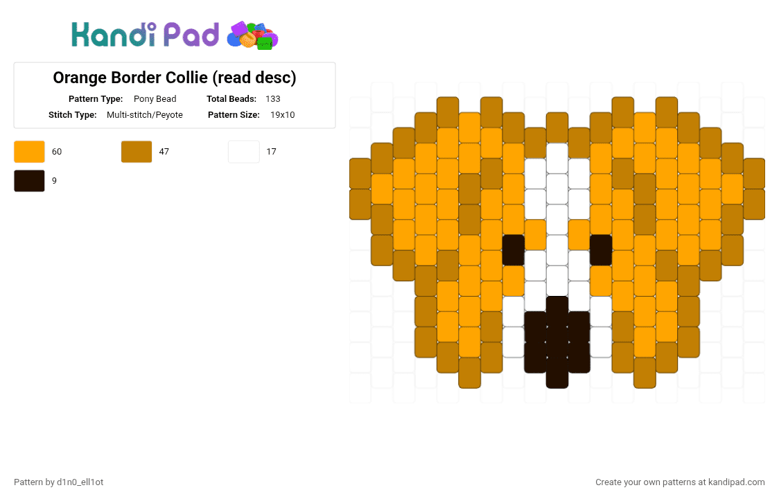 Orange Border Collie (read desc) - Pony Bead Pattern by d1n0_ell1ot on Kandi Pad - orange,dog,border collie,woof,bark,animal,therian
