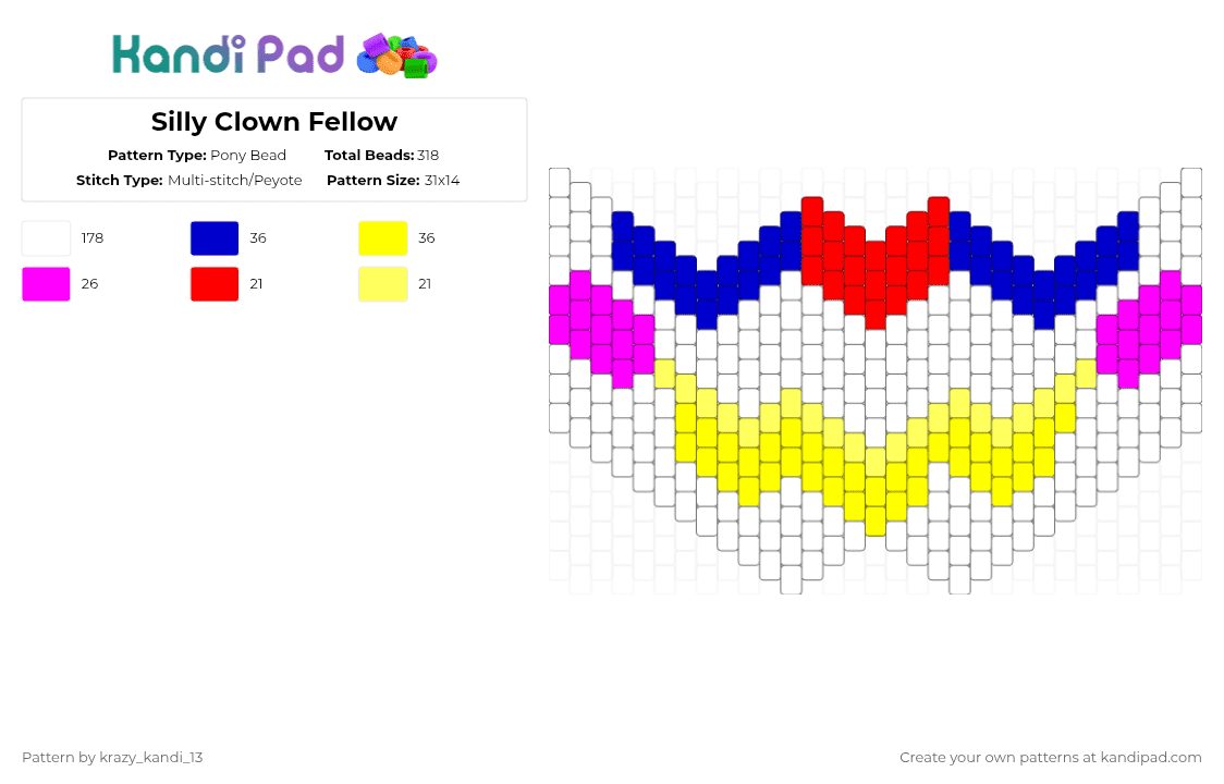 Silly Clown Fellow - Pony Bead Pattern by d1n0_ax3l on Kandi Pad - white,purple,yellow,clown,red,blue,pink,cute,silly