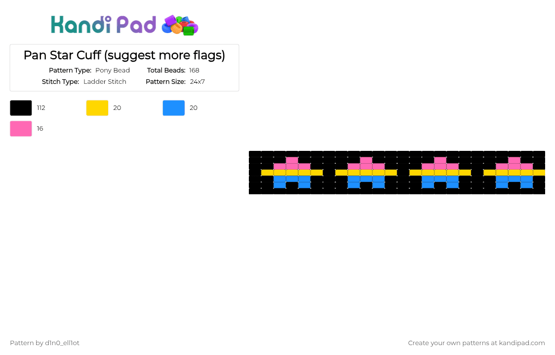 Pan Star Cuff (suggest more flags) - Pony Bead Pattern by d1n0_ell1ot on Kandi Pad - black,yellow,light blue,pride,lgbtqia,pansexual,gay,queer,pink,blue