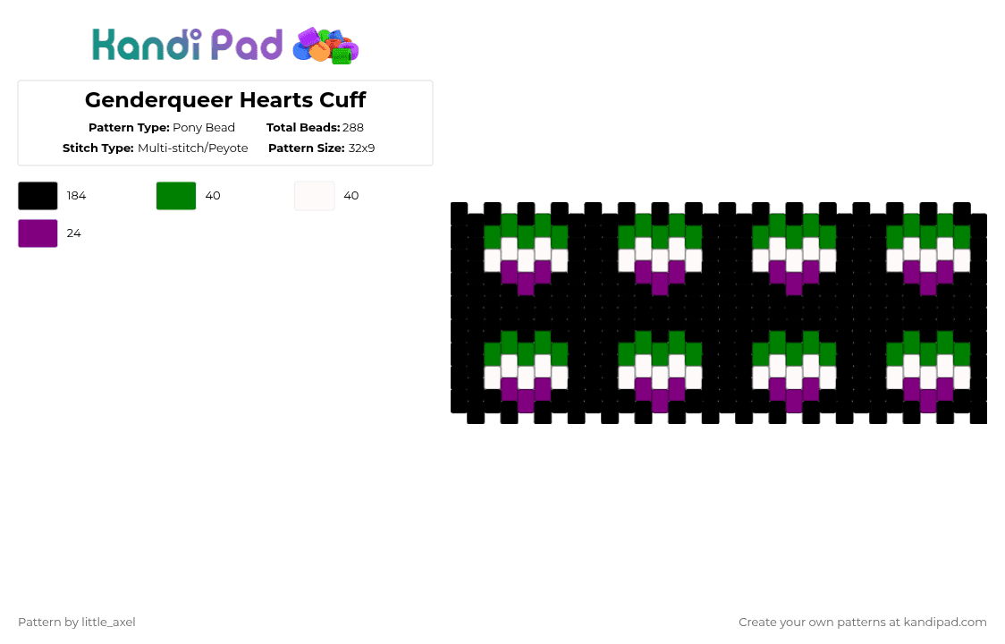 Genderqueer Hearts Cuff - Pony Bead Pattern by d1n0_ell1ot on Kandi Pad - black,green,pink,pride,trans,white,purple,cute,gay