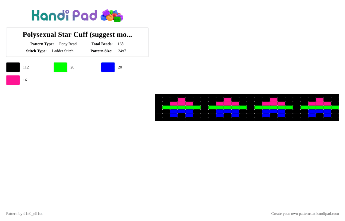Polysexual Star Cuff (suggest more flags) - Pony Bead Pattern by d1n0_ell1ot on Kandi Pad - black, blue, green, pink, poly, polysexual, pride, purple, queer, star