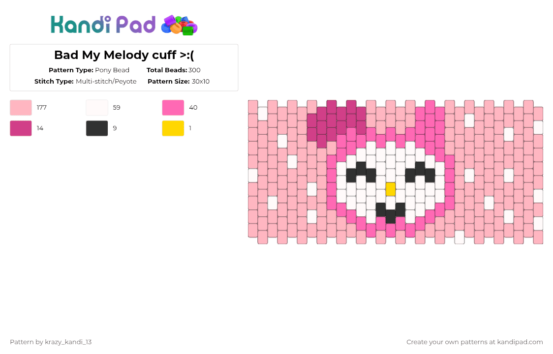 My Melody cuff >:3 (Updated) - Pony Bead Pattern by d1n0_ax3l on Kandi Pad - pink,cotdmelody,my melody,sanrio,cute,pastel pink,hello kitty,white