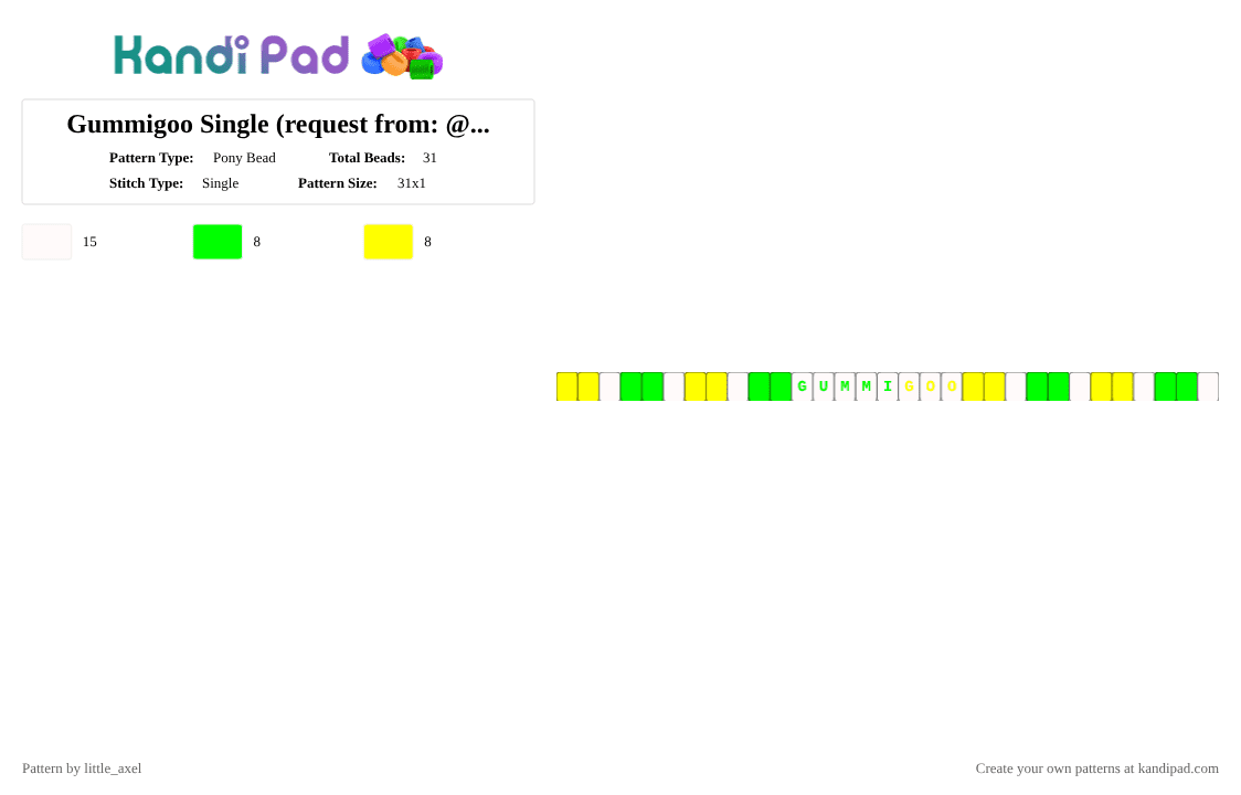 Gummigoo Single - Pony Bead Pattern by d1n0_ell1ot on Kandi Pad - green,yellow,tadc,character,gummigoo,cartoon,white,tv