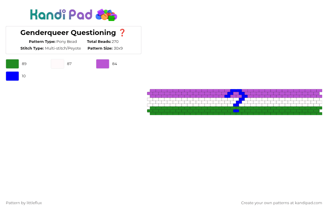 Genderqueer Questioning ❓ - Pony Bead Pattern by d1n0_ell1ot on Kandi Pad - pink,green,gay,queer,trans,blue,purple,white,cute