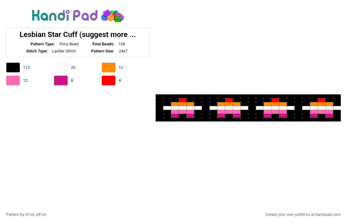 Lesbian Star Cuff (suggest more flags) - Pony Bead Pattern by d1n0_ell1ot on Kandi Pad - black, gay, lesbian, lgbtqia, orange, pink, pride, queer, red, white