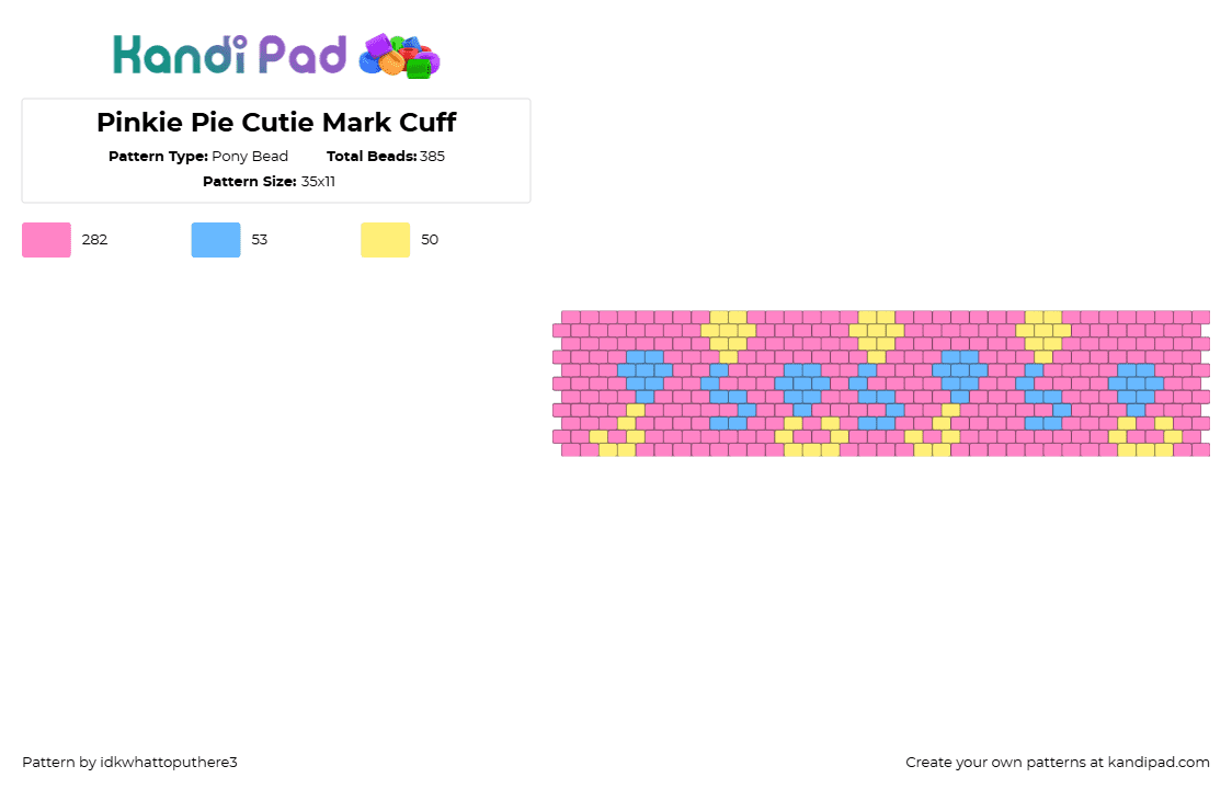 Pinkie Pie Cutie Mark Cuff - Pony Bead Pattern by idkwhattoputhere3 on Kandi Pad - pinkie pie,mlp,my little pony,balloons,cuff,pink,light blue,yellow