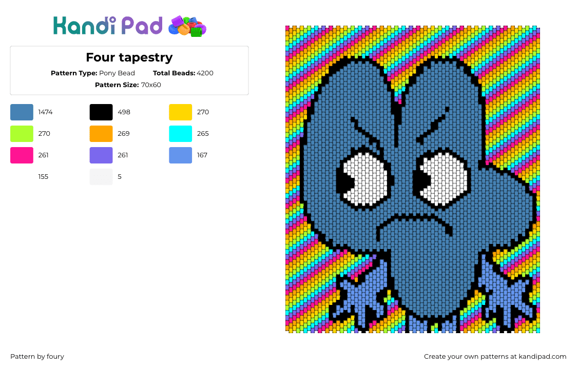 Four tapestry - Pony Bead Pattern by foury on Kandi Pad - four,bfdi,battle for dream island,character,tapestry,stripes,animation,tv show,colorful,blue