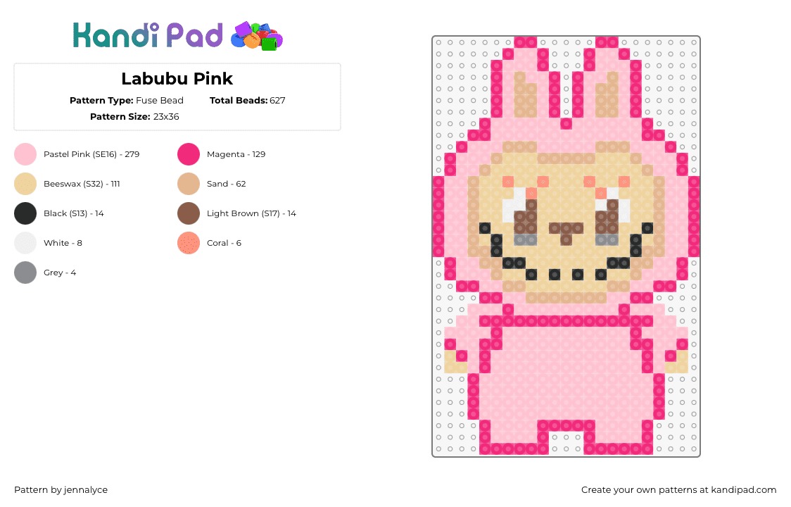 Labubu Pink - Fuse Bead Pattern by jennalyce on Kandi Pad - labubu,monster,bunny,plush,character,toy,creepy,pink,beige