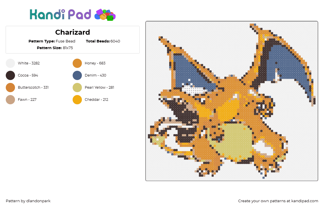 Charizard - Fuse Bead Pattern by dlandonpark on Kandi Pad - 