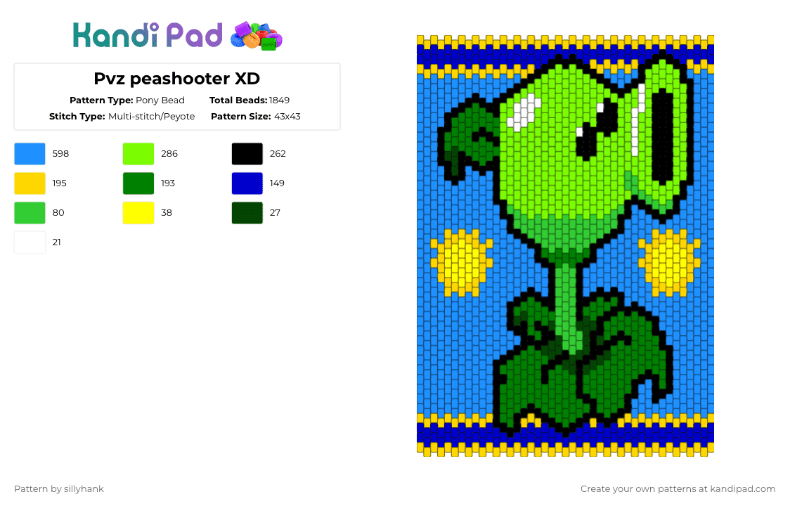 Pvz peashooter XD - Pony Bead Pattern by sillyhank on Kandi Pad - peashooter,plants vs zombies,panel,tapestry,plant,video game,cartoon,gaming,green,light blue