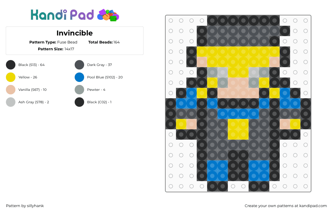 Invincible - Fuse Bead Pattern by sillyhank on Kandi Pad - gray,yellow