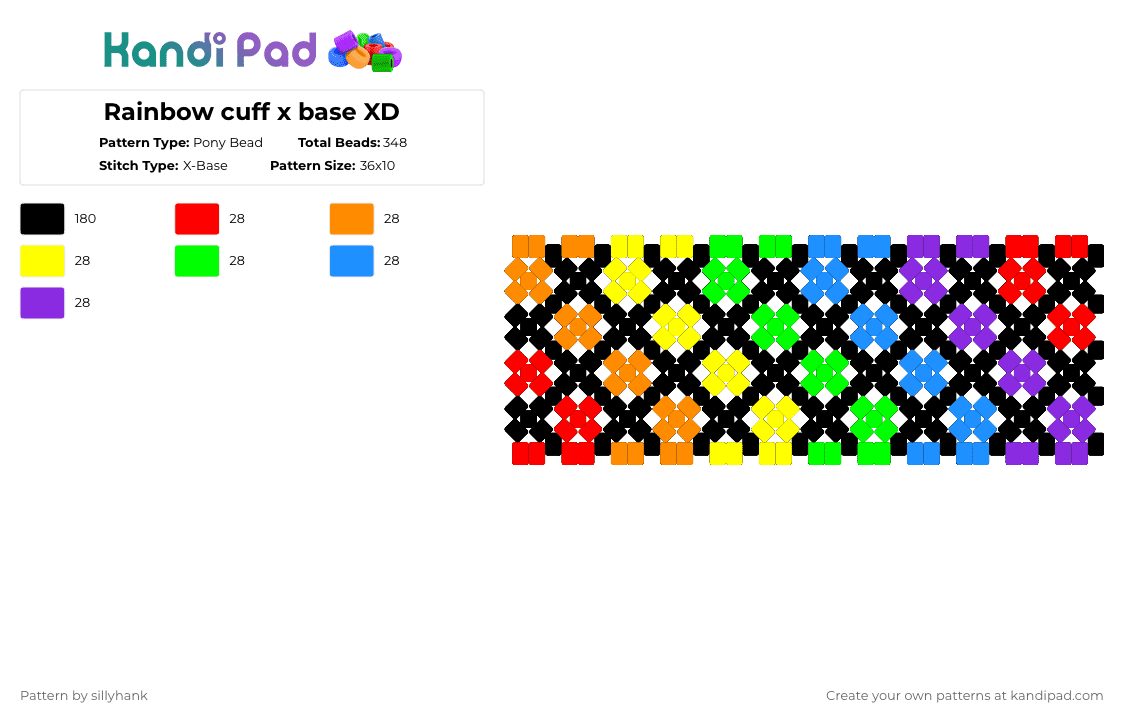 Rainbow cuff x base XD - Pony Bead Pattern by sillyhank on Kandi Pad - black,orange,green,purple,colorful