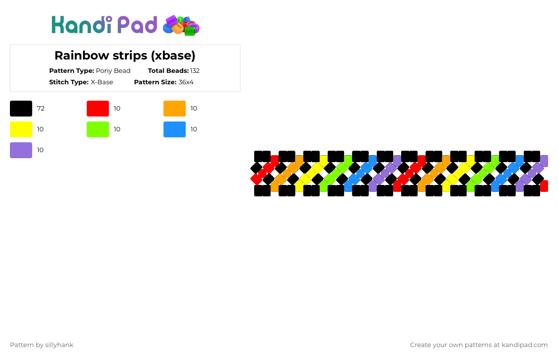 Rainbow strips (xbase) - Pony Bead Pattern by sillyhank on Kandi Pad - black,orange,green,purple,colorful
