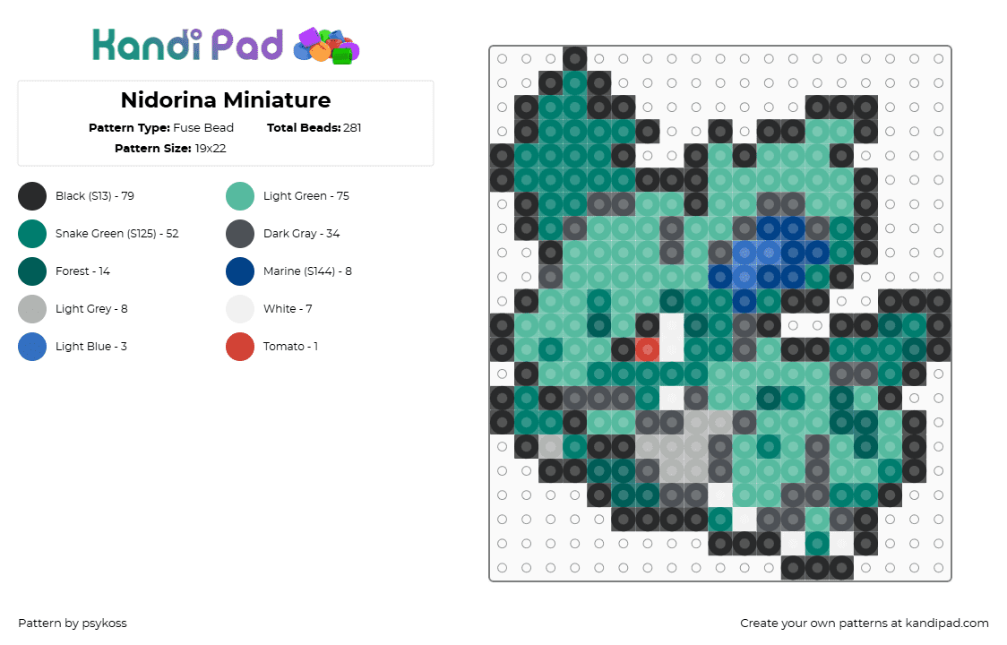 Nidorina Miniature - Fuse Bead Pattern by psykoss on Kandi Pad - nidorina,pokemon,nidorin,evolution,gaming,character,green,teal