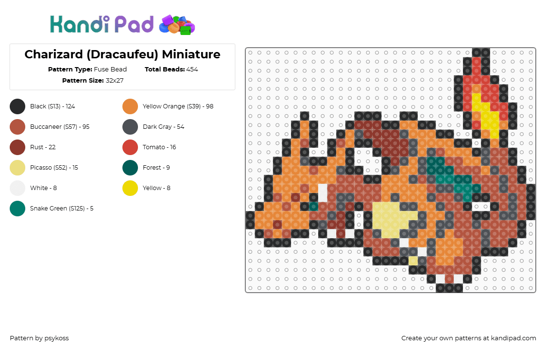 Charizard (Dracaufeu) Miniature - Fuse Bead Pattern by psykoss on Kandi Pad - 