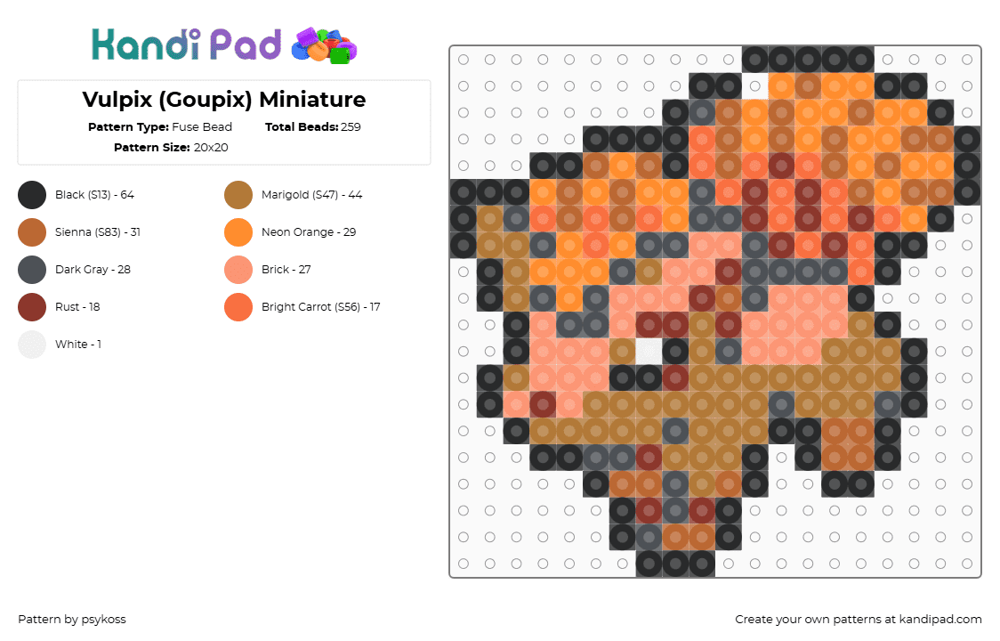 Vulpix (Goupix) Miniature - Fuse Bead Pattern by psykoss on Kandi Pad - vulpix,pokemon,character,gaming,orange,tan