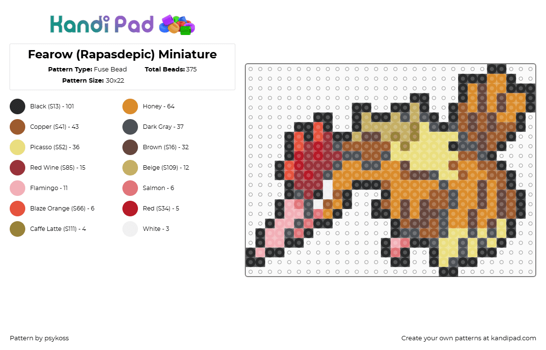 Fearow (Rapasdepic) Miniature - Fuse Bead Pattern by psykoss on Kandi Pad - fearow,pokemon,spearow,evolution,gaming,bird,character,tan