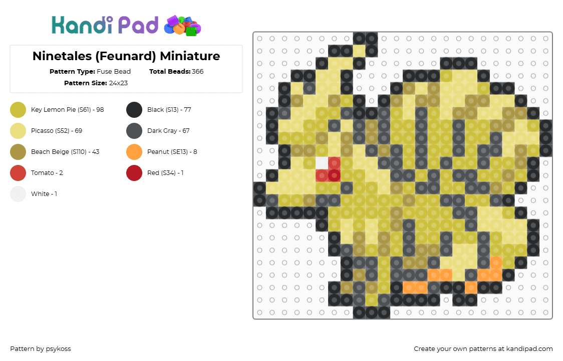 Ninetales (Feunard) Miniature - Fuse Bead Pattern by psykoss on Kandi Pad - ninetails,pokemon,vulpix,evolution,gaming,character,gold,yellow