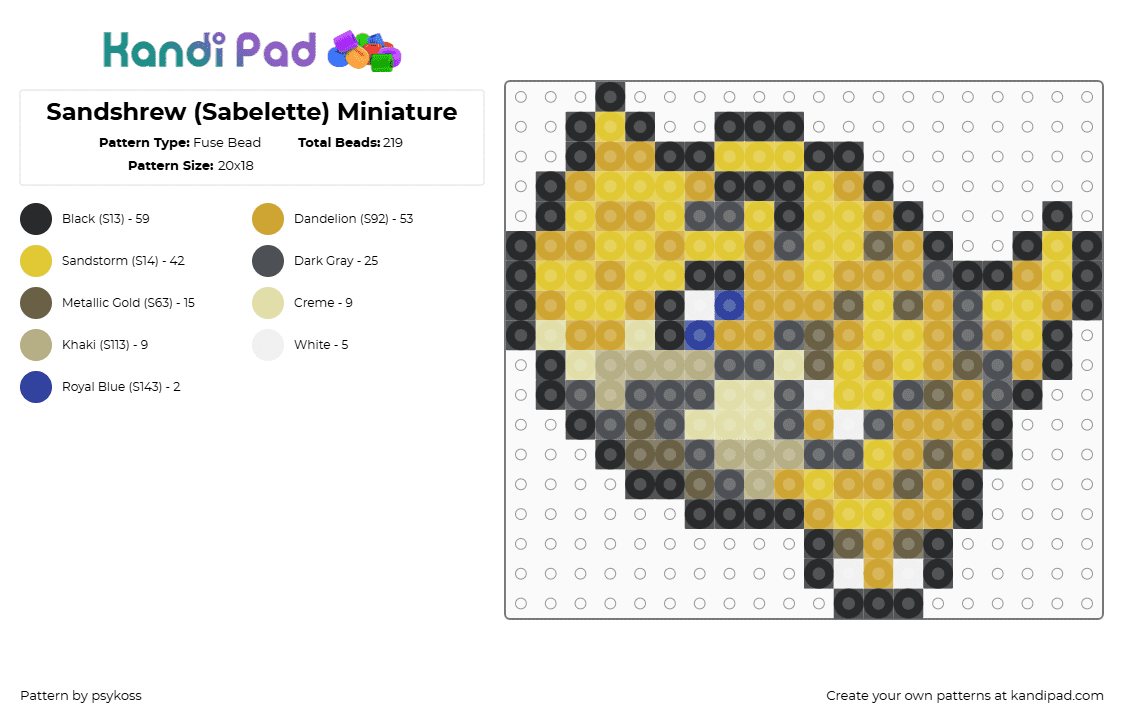 Sandshrew (Sabelette) Miniature - Fuse Bead Pattern by psykoss on Kandi Pad - sandshrew,pokemon,gaming,character,yellow